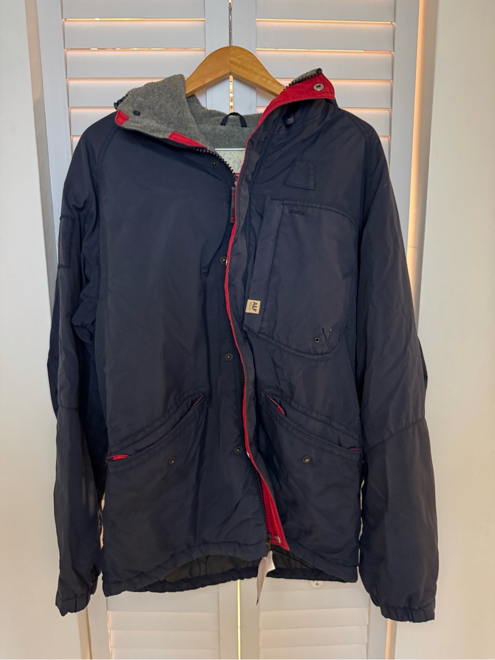 Abercrombie & Fitch Navy Hooded Puffer Jacket with Red Trim